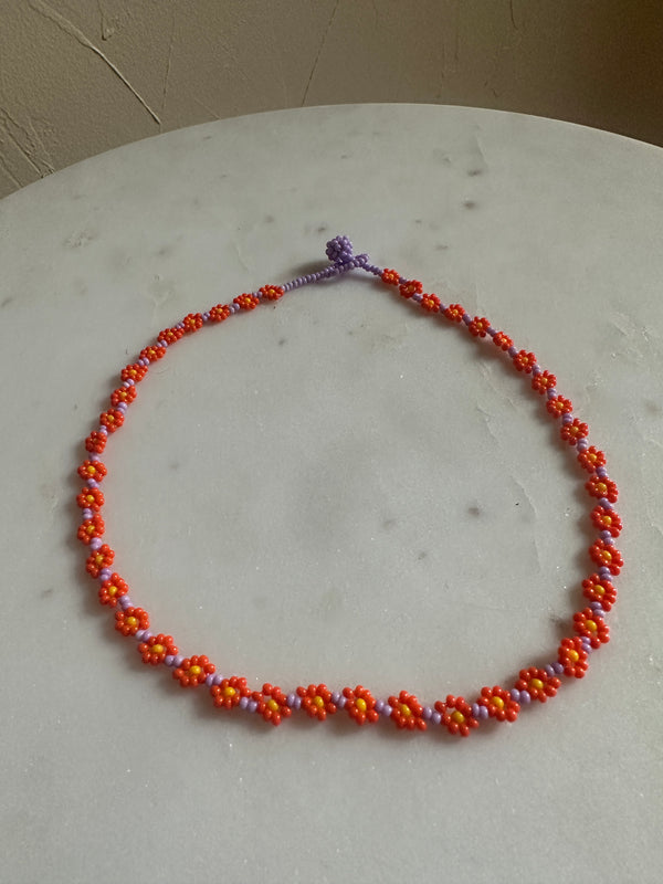 Beaded Solid Daisy Necklace - Orange